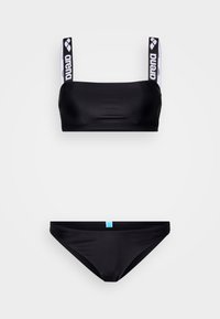 Black swim bikini set featuring a cropped top with wide straps and brand logo, paired with low-rise bikini bottoms with a light blue accent.