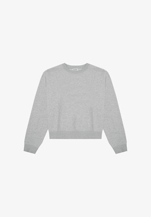 Grauer, kurzgeschnittener Pullover mit langen Ärmeln, rundem Halsauschnitt, gerippten Bündchen und Saum, aus einem weichen Stoff mit glatter Textur. Einfaches und vielseitiges Design.