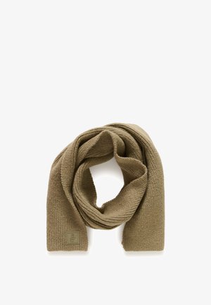 Knit scarf in olive green, featuring a textured pattern. Includes a rectangular logo patch at one end. Soft fabric, wrapped in a loop.