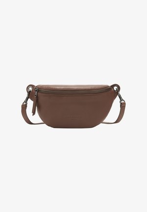 Brown leather crossbody bag with a curved shape, zip closure, and adjustable strap. Features subtle branding on the front. Textured finish.