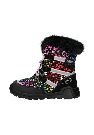 Botte d'hiver noire montant au genou avec imprimé léopard multicolore brillant, col en fausse fourrure, et trois sangles réglables pour un ajustement sécurisé. Conception imperméable.