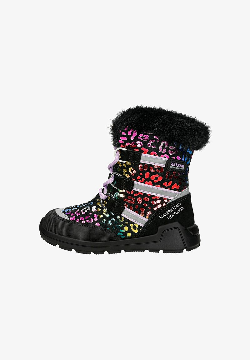 Botte d'hiver noire montant au genou avec imprimé léopard multicolore brillant, col en fausse fourrure, et trois sangles réglables pour un ajustement sécurisé. Conception imperméable.