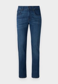 Jeans in denim blu scuro con fit dritto, design a cinque tasche e vita con bottone singolo. Texture liscia con leggere sfumature.