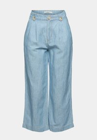 Pantalon large en lin bleu clair avec taille haute, plis sur le devant, pattes de ceinture boutonnées et fermeture éclair dissimulée à l'avant.