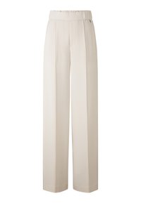 Wijdvallende broek in een lichte crèmekleur, met een elastische tailleband, platte voorkant en een soepele stoftextuur. Geen zichtbare patronen of accenten.