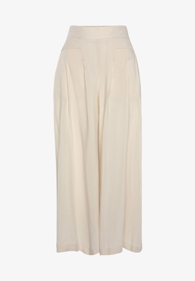 Pantalon crème à jambes larges avec plis et taille haute, en tissu léger et fluide.