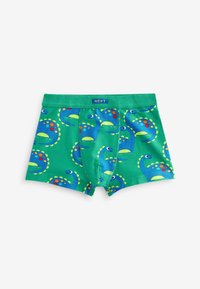 Un boxer vert avec un motif de dinosaures bleus, dotés de pics jaunes et de taches rouges, fabriqué en tissu doux et élastique avec une ceinture confortable.