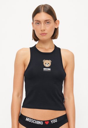 Débardeur en coton noir avec un col rond, sans manches, et un graphique d'ours avec le texte "Moschino Underbear" en dessous.