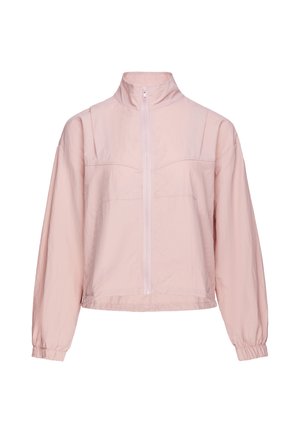 Hellrosa leichte Jacke mit Frontreißverschluss, hohem Kragen, langen Ärmeln und elastischen Bündchen.