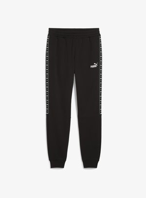 Pantaloni sportivi neri con vita elastica, caratterizzati da un logo Puma bianco sul davanti e strisce laterali in bianco e nero con accenti del logo.