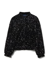 Black bomber jacket covered in sequins, featuring a zip front, stand collar, and elastic cuffs. Textured with shiny, reflective surfaces.