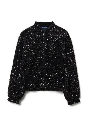Schwarze Bomberjacke, die mit Pailletten bedeckt ist, mit einem Reißverschluss vorne, Stehkragen und elastischen Bündchen. Texturiert mit glänzenden, reflektierenden Oberflächen.