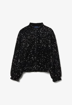 Schwarze Bomberjacke, die mit Pailletten bedeckt ist, mit einem Reißverschluss vorne, Stehkragen und elastischen Bündchen. Texturiert mit glänzenden, reflektierenden Oberflächen.