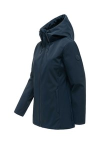 Chaqueta para mujer azul marino con capucha, cremallera frontal, cordones en la capucha, bolsillos laterales y una parche circular con logo en la manga izquierda.