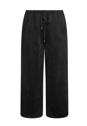 Pantalones de pierna ancha negros, hechos de una tela suave, con una cinturilla elástica y cordón ajustable con acentos dorados. Textura suave, sin patrones visibles.