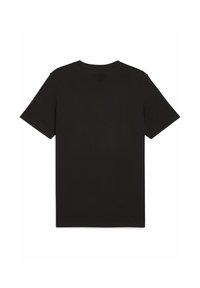Sort kortærmet T-shirt set fra ryggen, med en rund halsudskæring og et enkelt, ensfarvet design. Ingen synlige logoer eller mønstre.