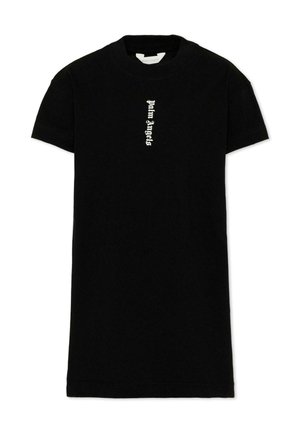 Robe t-shirt noire à manches courtes avec col rond et texte vertical blanc "Palm Angels" centré à l'avant.