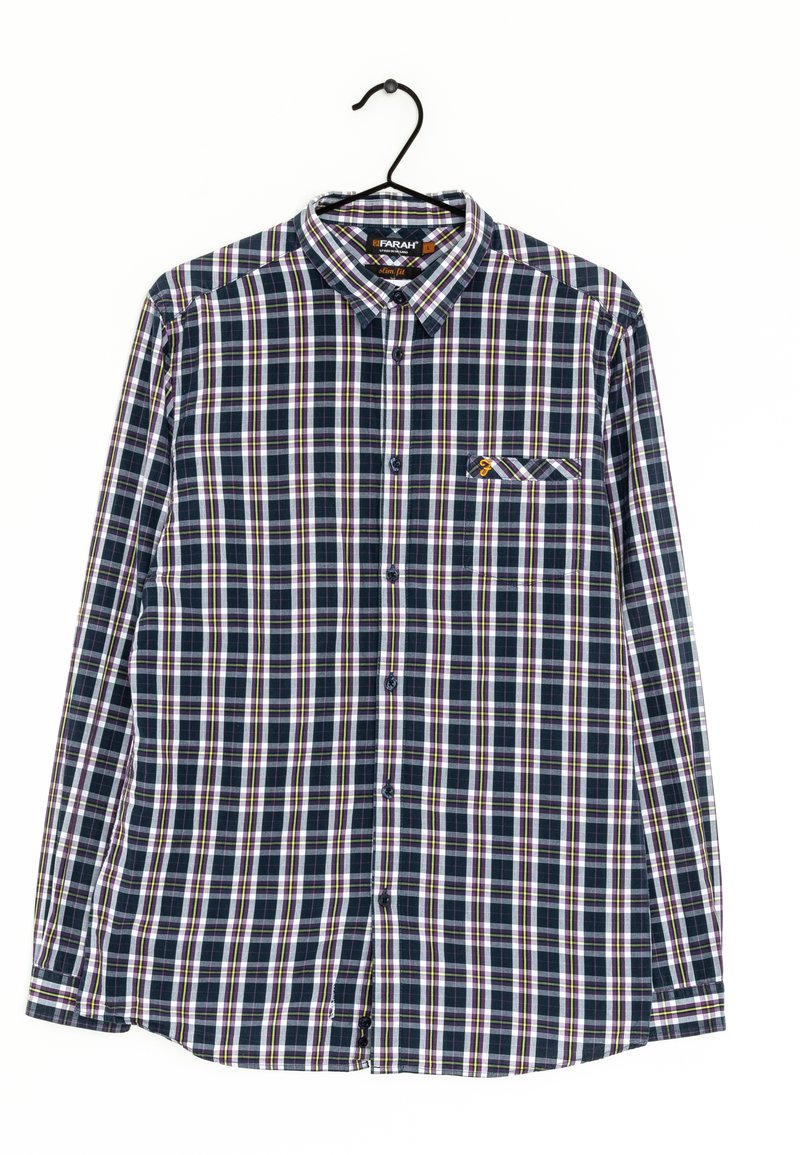 Slim-fit ruudullinen paita, joka on valmistettu puuvillasta. Paidassa on tummansinisiä, valkoisia, vihreitä ja violetteja ruudullisia kuvioita, napitettava kaulus ja rintatasku.