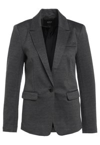 Blazer grigio realizzato in un tessuto morbido, con chiusura a un bottone, rever a rotondo e due tasche frontali. Texture liscia e vestibilità su misura.