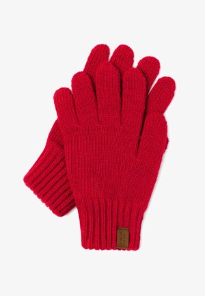 Guanti rossi lavorati a maglia con polsini a costine, dotati di cinque aperture per le dita e un piccolo etichetta marrone sulla zona del polso. Tessuto testurizzato per il calore.