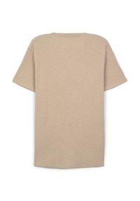 T-shirt beige a maniche corte realizzato in morbido tessuto, con una vestibilità comoda e collo rotondo, caratterizzato da una superficie liscia e senza decorazioni visibili.
