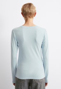 Vaaleansininen pitkähihainen paita, joka on valmistettu sileästä kankaasta, pyöreällä kaula-aukolla ja istuvalla leikkauksella, esitetty takaa päin.