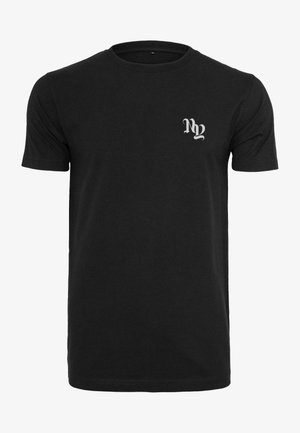 Black cotton T-shirt with a crew neck and short sleeves. Features a small, light gray logo positioned on the left chest area.