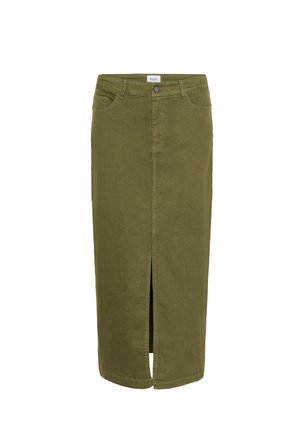 Olive green denim skirt, knee-length with a front slit, fitted design, belt loops, and stitching details.