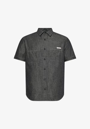 Ciemnoszara koszula z krótkim rękawem na guziki z dwoma kieszeniami na piersi, jedna z małą metką Calvin Klein.