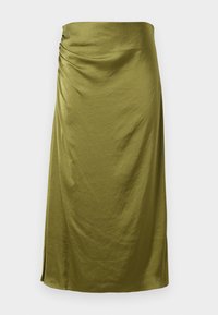 Olive green skirt, smooth texture, knee-length, draped design with side slit, featuring gathered detailing at the waist.