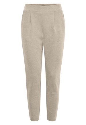 Beige tapered pants made of a textured, soft fabric. Features a stretchy waistband and two front pleats for a streamlined fit.