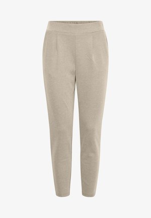 Béžové zúžené kalhoty vyrobené z texturované, měkké tkaniny. Mají elastický pás a dvě přední sklady pro štíhlý střih.