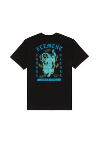 Sort T-shirt med blåt tiger grafik omgivet af bambus, tekst "ELEMENT," "FREMTID," "NATUR," og "Siden 1992" på bagsiden.