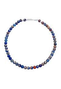 Collier en perles composé d'une variété de perles bleues, orange et marbrées avec des accents métalliques et un fermoir sécurisé.
