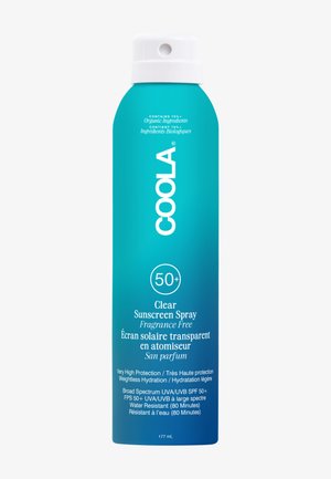 Sprühdose von COOLA klarem, duftfreiem Sonnenschutzmittel mit SPF 50+ und Bio-Zutaten, blau-türkis Farbverlauf, 80 Minuten wasserresistent.