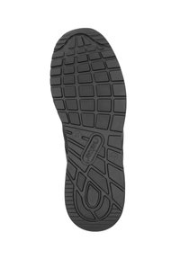 Semelle de chaussure en caoutchouc noir avec un motif texturé comportant des stries et des rainures pour une meilleure adhérence. Les marquages incluent le logo de la marque et la taille.