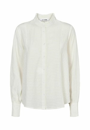 Witte langemouwen shirt met een subtiele gestreepte print, gerimpelde kraag en knopen aan de voorkant. Gemaakt van lichtgewicht stof met een lichte textuur.