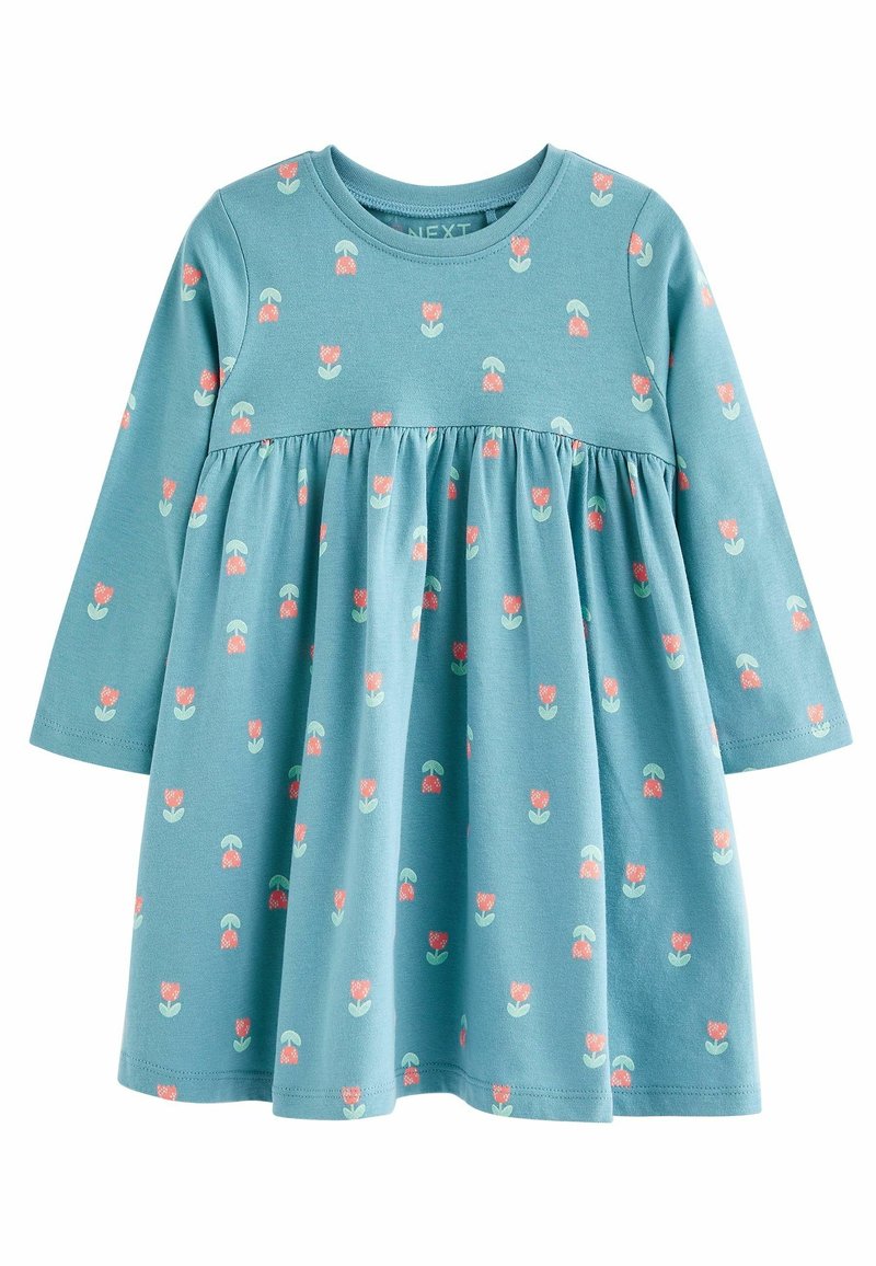 Robe turquoise à manches longues avec une taille froncée, présentant un motif floral de tulipes roses et vertes sur un tissu doux et léger.