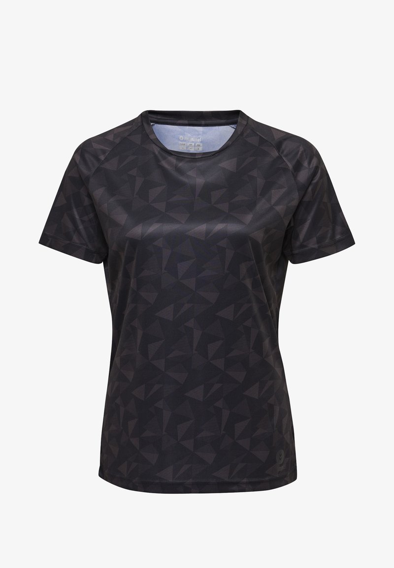Černé sportovní tričko s geometrickým vzorem, krátkými rukávy, kulatým výstřihem a lehkým, vlhkost-odvádějícím materiálem.