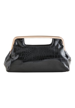 Sac à main noir embossé crocodile avec une silhouette structurée et une poignée métallique, présentant une texture lisse et des accents prononcés.