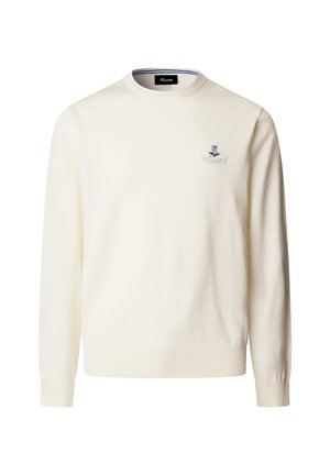 Maglione bianco a maniche lunghe con scollo rotondo, piccolo logo ricamato sul petto a sinistra e polsini e orlo a coste.