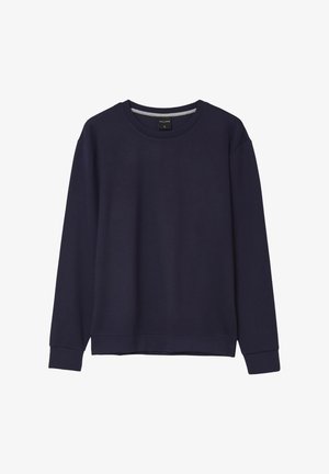 Marineblaues Sweatshirt mit langen Ärmeln, rundem Halsausschnitt, gerippten Bündchen und Saum, aus weichem Material gefertigt, mit einem einfachen, sauberen Design.