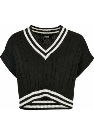 Schwarzer, kurzer Pullover mit V-Ausschnitt, Struktur aus Kabelstrick, kurzen Ärmeln und doppelten weißen Streifen am Kragen und Saum.