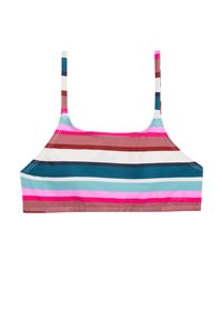 Gestreepte crop top met horizontale strepen in roze, blauw, bruin en wit, gemaakt van rekbaar materiaal met dunne schouderbandjes.