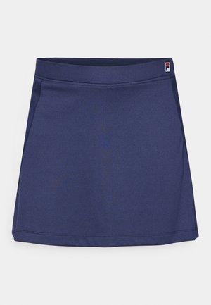 Mørkeblå treningsskjørt laget av stretchy stoff, med flat midje og en liten logo-tag i øverste høyre hjørne. Glatt tekstur.
