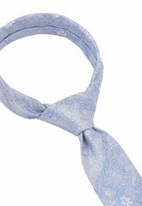Hellblau mit Paisley-Muster, der Schal hat eine glatte Textur, ein geknotetes Design und einen weichen, fließenden Stoff.