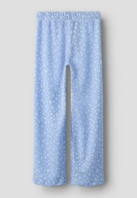 Pantalons bleu clair avec un imprimé floral blanc, taille élastique, tissu léger et coupe droite.