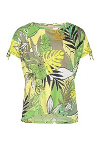 Bluzka z krótkim rękawem z nadrukiem tropikalnych liści w odcieniach zieleni i żółci. Wykonana z lekkiego materiału, o luźnym kroju i z ozdobnymi wiązaniami.