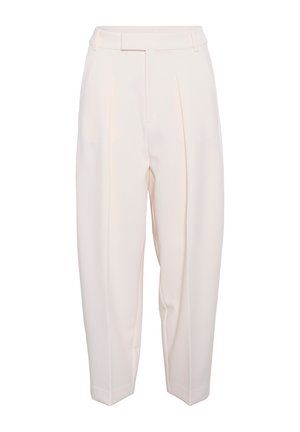 Pantaloni din crem, cu talie înaltă, croiți, cu bucle pentru curea, pliseuri frontale și picioare conice.