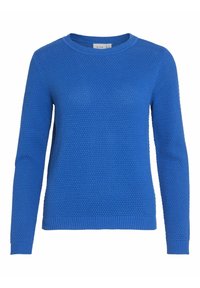 Blå stickad tröja med strukturerad mönster, rundhalsringning och ribbade ärmslut och nederkant. Slät finish, lämplig för avslappnad användning.